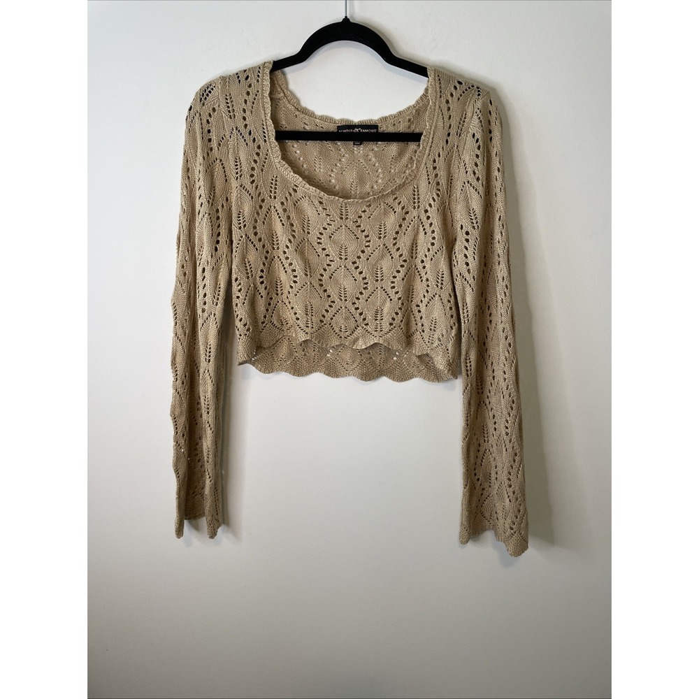 Almost Famous L Tan Crochet Knit‎ Crop Sweater Boho Bell Sleeve Top